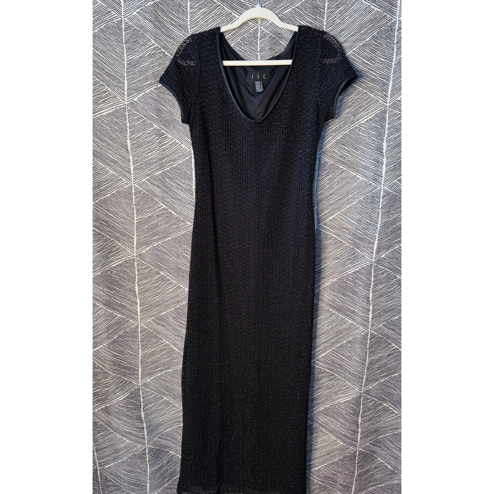 Vintage Black Knit Maxi Dress Short Sleeve V Neck Sz 10